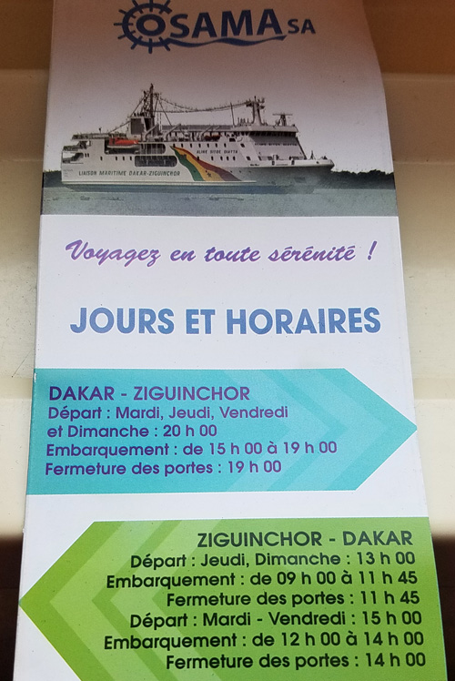 departure times for the ferry from Ziguinchor to Dakar